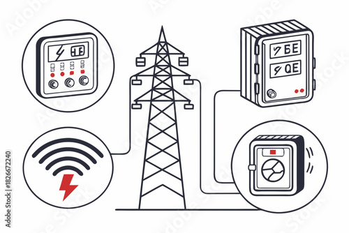 Electrical power grid components and energy meter illustration electricity transmission tower