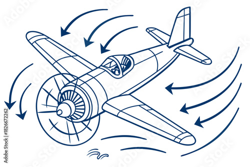 Propeller airplane in swirling air currents showing airflow dynamics and turbulence