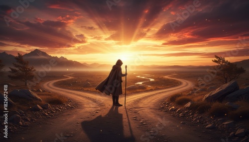Traveler at crossroads during glowing sunset symbolizing life choices, transformation, personal journey, destiny and decision making moments