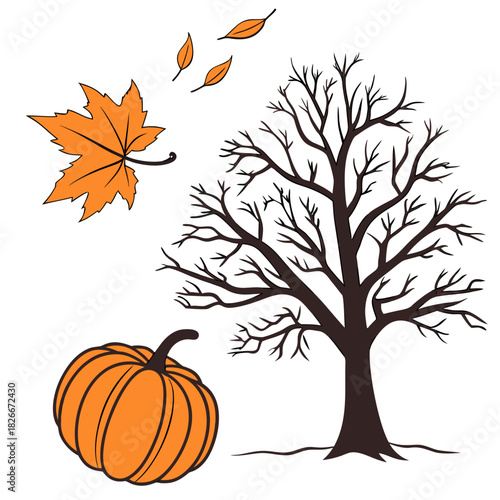 Orange autumn tree pumpkin and leaves on white background Keywords: autumn, fall, tree, pumpkin
