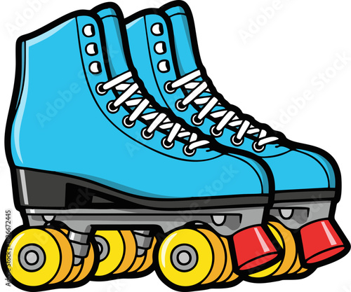 Pair of vibrant blue roller skates with yellow wheels and red stoppers.
