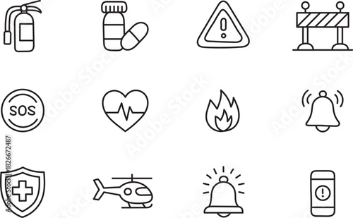 Emergency and Safety Line Icons Set for Medical Help, Alerts, Rescue, Protection, First Aid