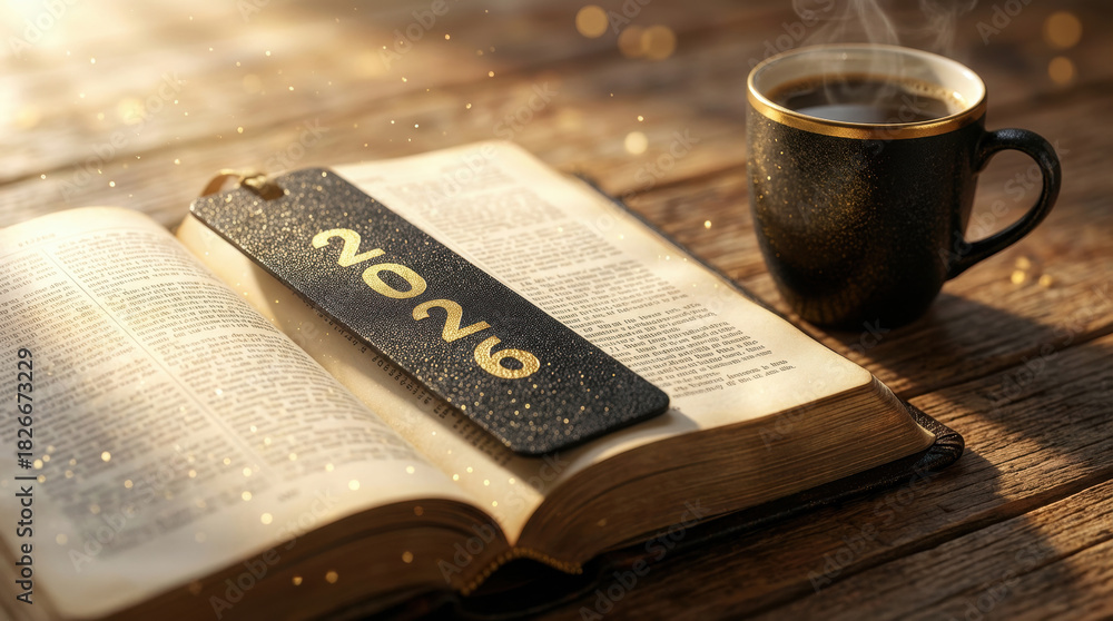 Fototapeta premium Open book with elegant 2026 bookmark and black coffee cup on a wooden table. Cozy morning atmosphere with warm sunlight and magical golden particles for New Year reading. 