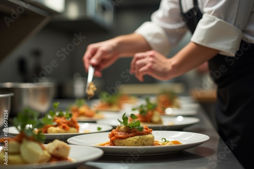 Wallpaper Mural Capturing the skilled hands of a chef creating and presenting a gourmet dish in a bustling restaurant kitchen. Torontodigital.ca