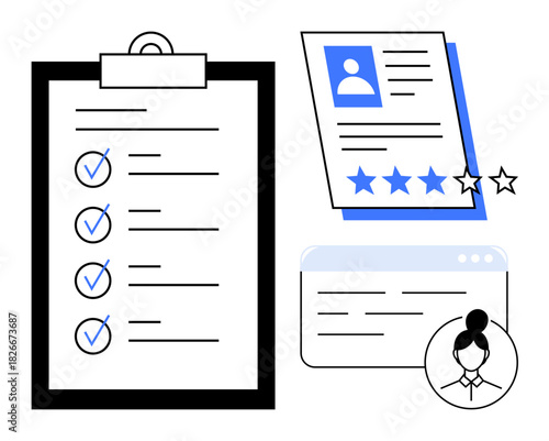 Checklist on clipboard, profile with star ratings and avatar, browser window with content. Ideal for hiring, employee evaluation, human resources, career planning, recruitment, job search simple