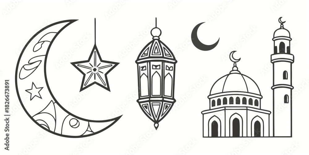 Obraz premium Black and White Islamic Ramadan Symbols Crescent Moon Lantern and Mosque star