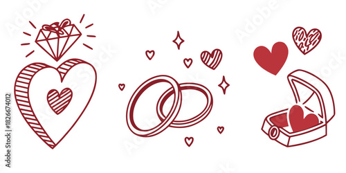 Hand drawn wedding icons with hearts diamonds and rings on white engagement love