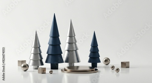 Minimalist 3d rendering of stylized metallic and blue christmas trees with silver sphere and cube decorations isolated on white background
