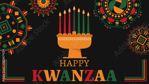 Celebration of Kwanzaa with colorful decorations and a traditional kinara displayed prominently