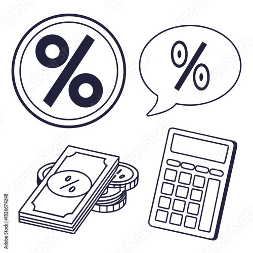 Percentage sign coins calculator and money icons Keywords: percentage, percent, sign, symbol, circle