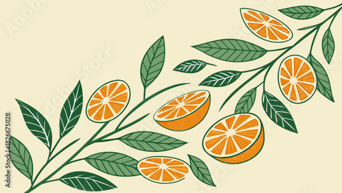 Illustration of orange slices and green leaves arranged on branches against a cream background
