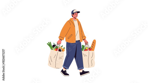 Vector illustration of a modern man carrying reusable shopping bags filled with fresh groceries and produce after a market visit