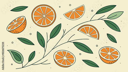 An illustration of orange slices and green leaves arranged on a light yellow background design style