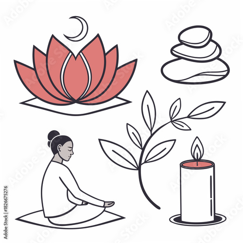 Meditation And Wellness Icons With Lotus Flower And Candle Keywords: meditation, yoga, wellness