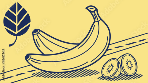 Illustration of bananas, kiwi slices, and a leaf with a yellow background and blue outlines art