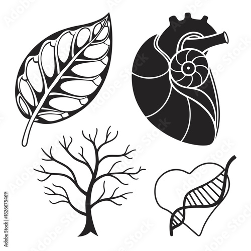 Icons of a leaf, tree, heart with DNA, and anatomical heart science