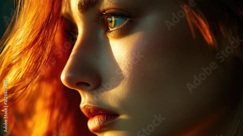 Video Portrait of a woman with bright red hair, captured in a close-up shot