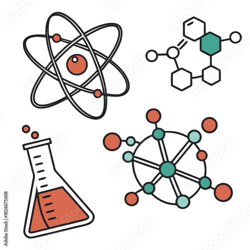 Science Icons with Atom Model Molecules and Flask atomic molecular