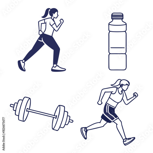 Dark blue silhouette icons of running women dumbbell and water bottle Keywords: running woman