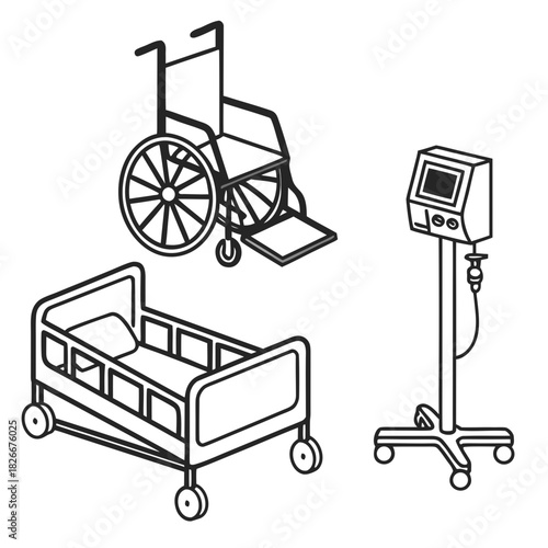 Medical Equipment Line Art Icons Hospital Bed Wheelchair IV Drip Stand IV drip stand