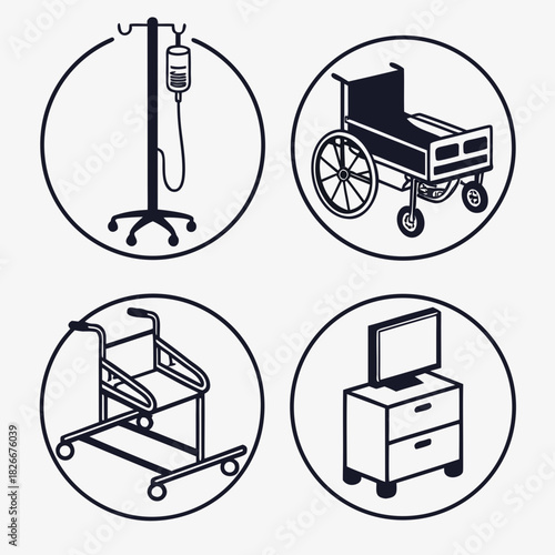 Medical Icons Set Hospital Bed Wheelchair IV Drip Monitor in Circles IV drip medical monitor