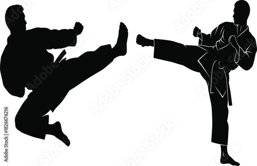Karate fighter silhouette vector high kick flying kick martial arts self defense combat action sport training