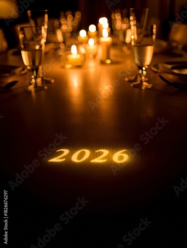Elegant 2026 New Year's Eve celebration dinner with champagne and glowing candlelight creating a sophisticated atmosphere for festive gatherings