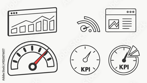 Business Performance Icons with KPI Gauges and Web Browser Chart Keywords: business, performance
