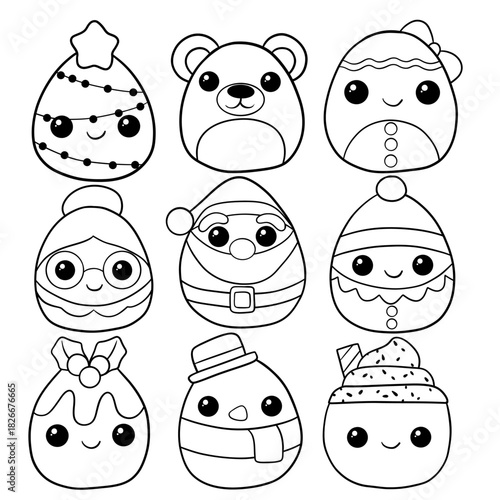 Cute Kawaii Christmas Icons Collection. Adorable Holiday Characters in Line Art Style