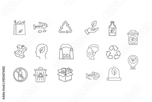 Recycling process icons sorting processing and reuse in line art