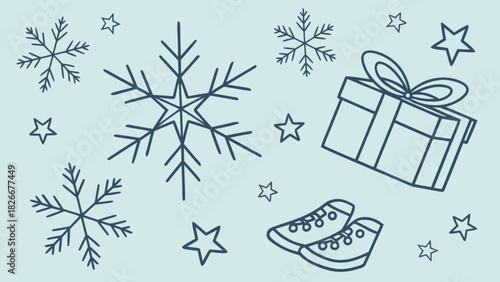 Illustration with snowflakes, stars, a gift box, and shoes on a light blue background design art
