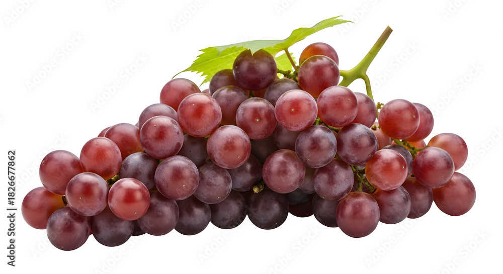 Obraz premium A fresh cluster of ripe red grapes with a small green leaf and stem, isolated on transparent background, perfect for food and healthy eating concepts
