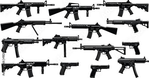 Firearm silhouette vector, rifle and handgun collection, black graphic art, weapon comparison chart, tactical gear icon, gun design set