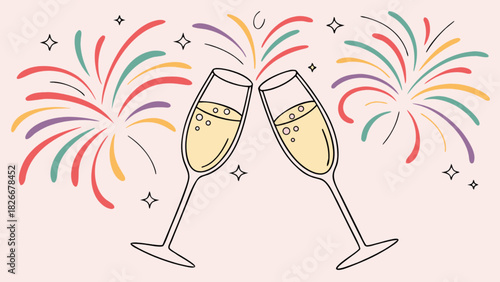 Illustration showing two champagne glasses toasting with colorful fireworks in the background celebration