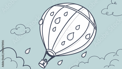 Illustration of a hot air balloon with raindrops falling around it and clouds in the background scene