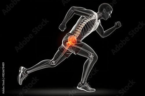 Anatomical 3d rendering of a runner with highlighted hip joint pain and skeletal structure