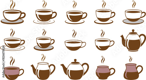 Collection of steaming coffee cups and teapots silhouette