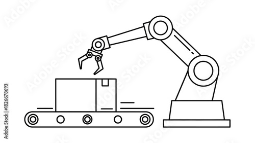 Automated Production Line Robotic Arm Handling Packages on Conveyor