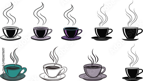 Collection of steaming coffee cups silhouette