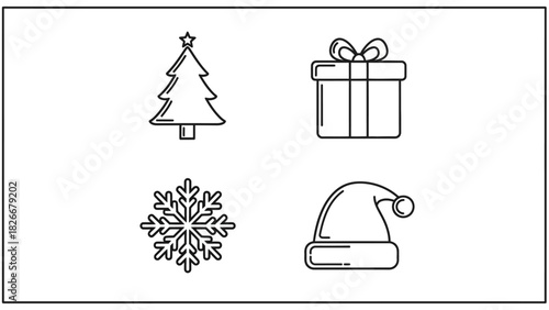 Christmas holiday line icon set collection. Vector graphic symbols for winter celebration design, including tree, gift, snowflake, and Santa hat
