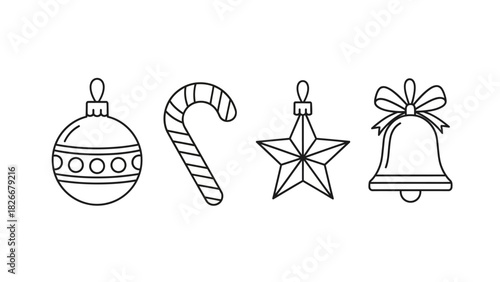 Outline Christmas decoration set featuring a bauble, candy cane, star, and bell. Ideal graphic elements for holiday greeting cards, seasonal marketing, and festive winter projects