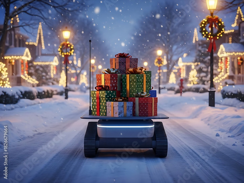 A robot rolls down a snowy festive street carrying Christmas parcels, warm glowing decorations surrounding the scene, crisp winter air, no humans