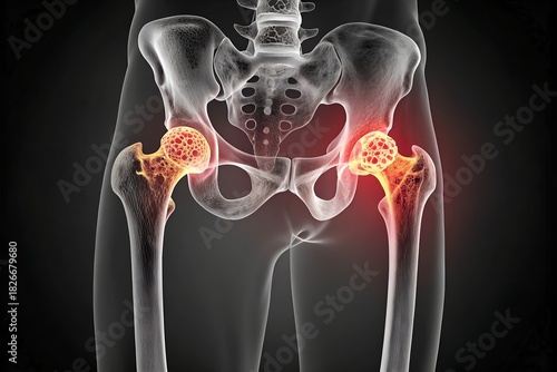 3d medical illustration of human pelvis and hips showing painful osteoarthritis and inflammation