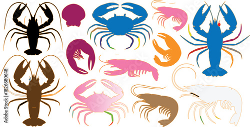 Assortment of colorful and silhouetted crustaceans on white background Keywords: crab, lobster