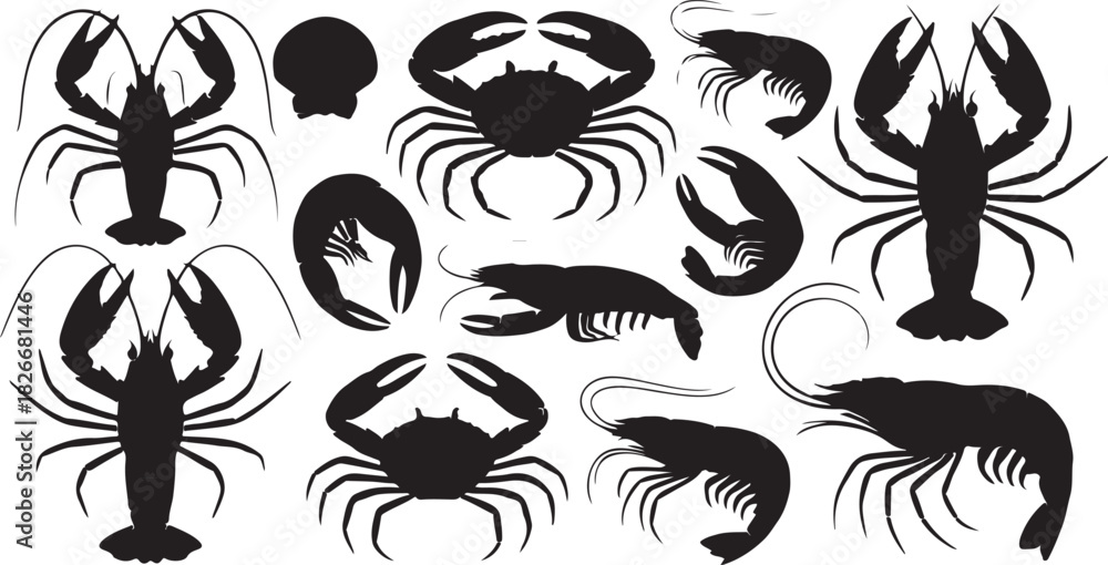 Naklejka premium Silhouette collection of crustaceans and shellfish on white background Keywords: crab, lobster