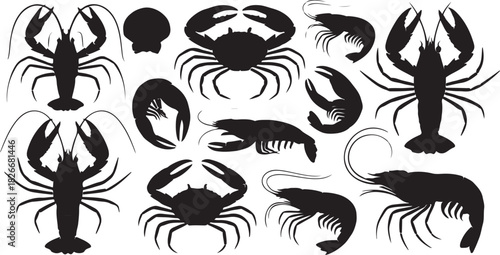 Silhouette collection of crustaceans and shellfish on white background Keywords: crab, lobster