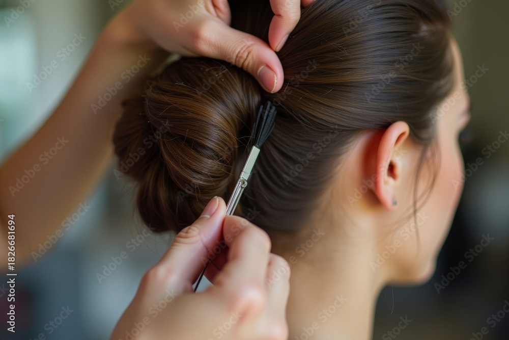 Naklejka premium Capturing the Artistry: Close-Up of a Hairstylist's Hands Crafting a Elegant Bridal Updo with Precision and Care