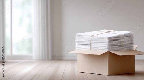 Stacked white moving boxes filled with documents are placed in a spacious room with wooden flooring and large windows, symbolizing the process of relocating and organizing belongings