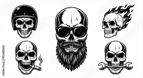 Variety of Skull Designs Biker, Bearded, Fiery, Smoking, and Mechanic