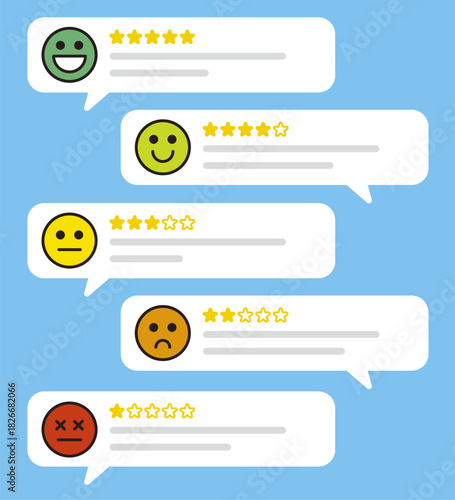 感情での評価。顔文字のアイコン。絵文字のフィードバック。満足、良い、悪いなどのレビュー。